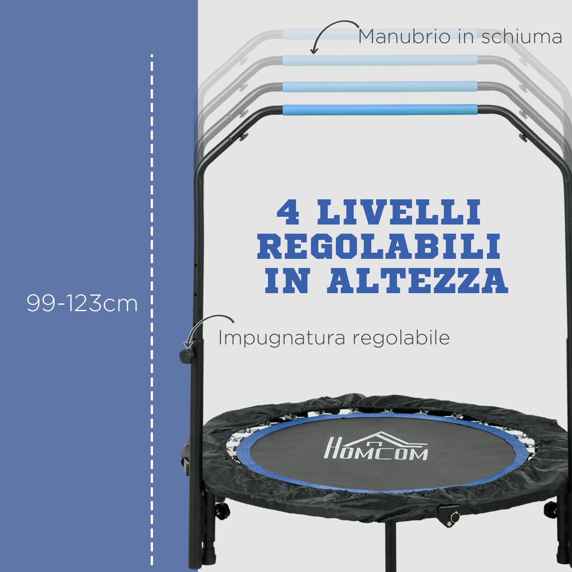 Mini Trampolino Fitness Ø102 cm Regolabile in Altezza Pieghevole con Manubrio Blu
