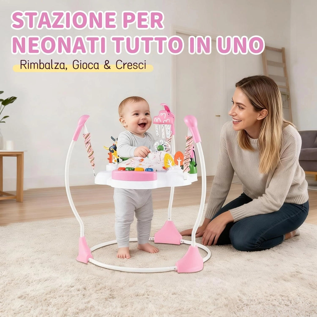 Jumperoo per Bambini, Saltarello Neonato con Altezza Regolabile, 6 Giocattoli Interattivi, Centro attività con Sedile Girevole a 360°, Gioco Saltellante con Suoni per Bambini 6+ Mesi (Rosa)