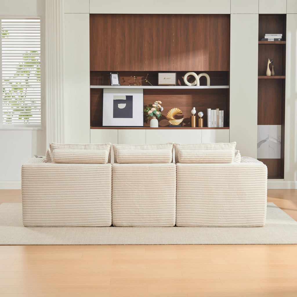 Divano modulare 3 posti con cuscini e tasche laterali in corduroy beige per salotto e ricevimento 256 × 161 × 75 cm