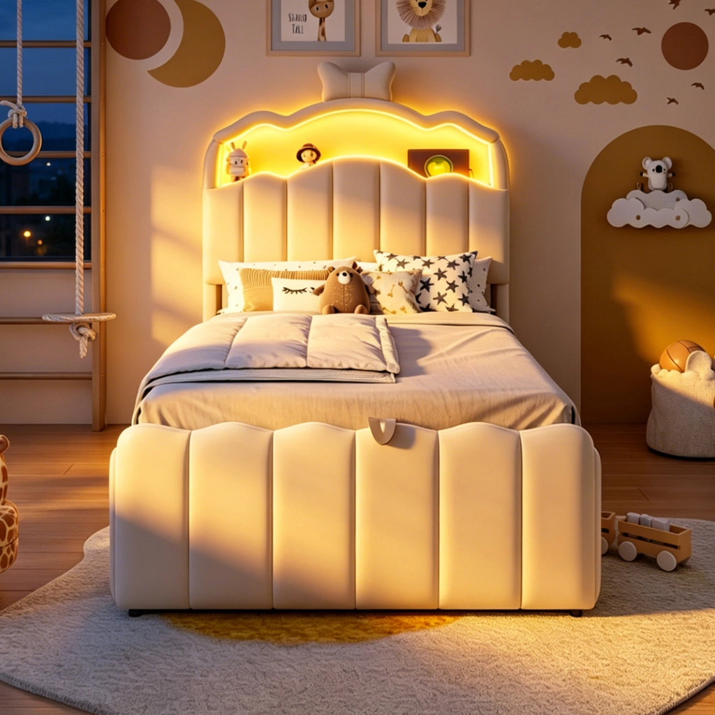 LETTO per bambini 90x200 cm beige in velluto con testiera a fiocco