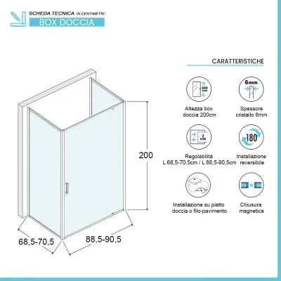 Box doccia 70x90x70 cm con porta a battente trasparente H 200 cm Ted