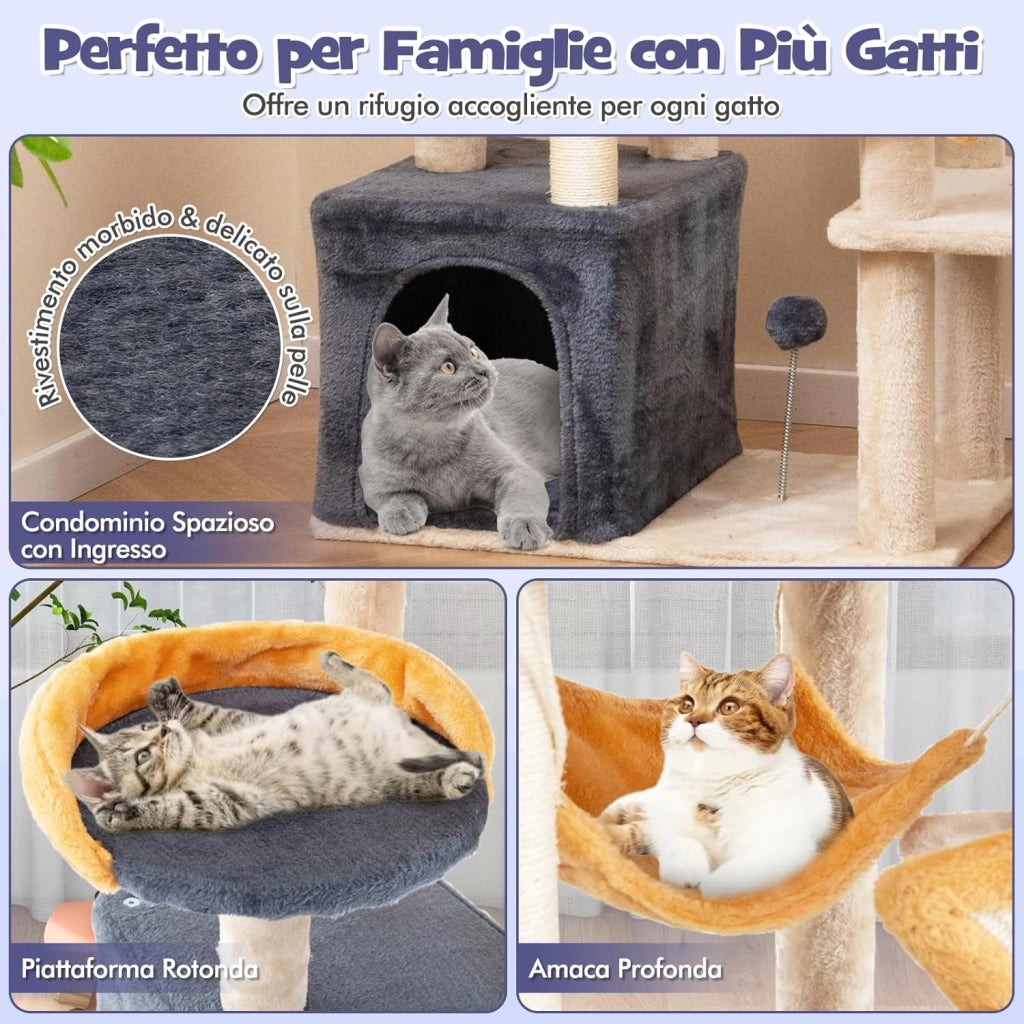 Albero per Gatti da Interno da 160 cm, Albero Tiragraffi con Pali e Tavole da Graffio in Sisal, Condominio, Trespolo in Peluche, Piattaforme, Giocattoli Appesi e Palla a Molla