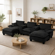 Divano modulare a U con USB; contenitori e pouf removibile; 323x155x90 cm; chenille nero