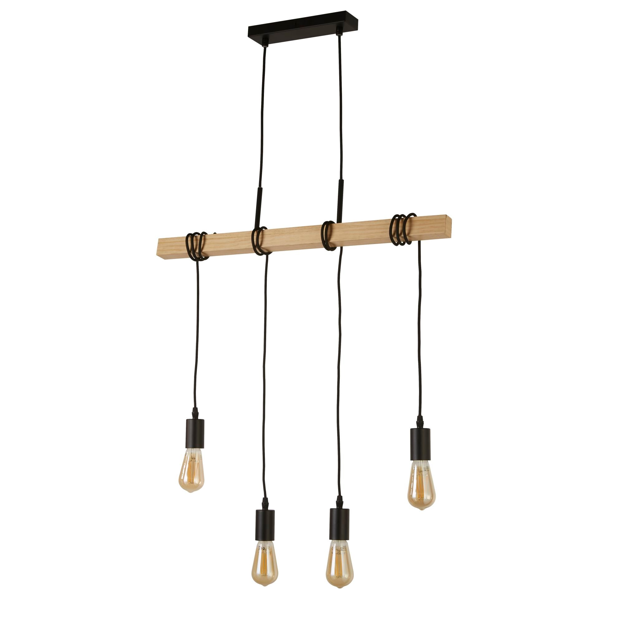 Lampadario Industrial-Nordico Legnoso Acciaio Marrone Legno 4 Luci E27
