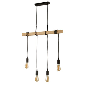 Lampadario Industrial-Nordico Legnoso Acciaio Marrone Legno 4 Luci E27