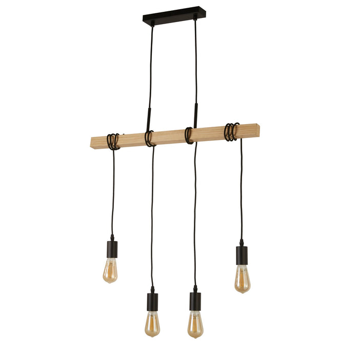 Lampadario Industrial-Nordico Legnoso Acciaio Marrone Legno 4 Luci E27