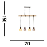 Lampadario Industrial-Nordico Legnoso Acciaio Marrone Legno 4 Luci E27