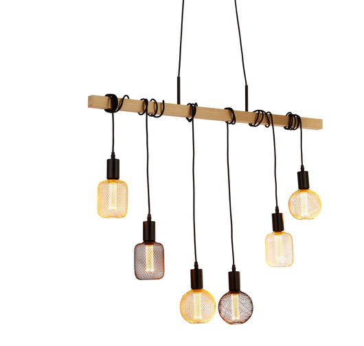 Lampadario Industrial-Nordico Legnoso Acciaio Marrone Legno 6 Luci E27