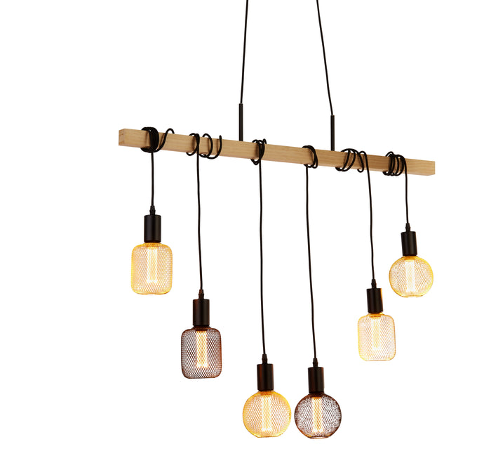 Lampadario Industrial-Nordico Legnoso Acciaio Marrone Legno 6 Luci E27