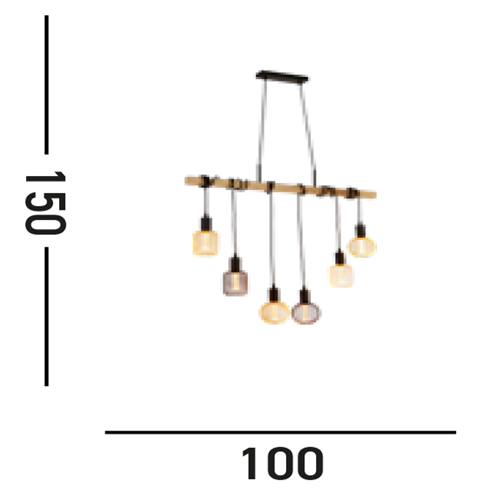 Lampadario Industrial-Nordico Legnoso Acciaio Marrone Legno 6 Luci E27