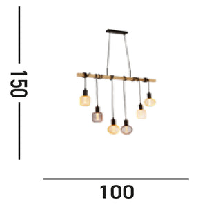 Lampadario Industrial-Nordico Legnoso Acciaio Marrone Legno 6 Luci E27