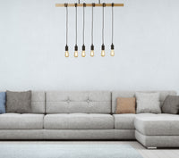 Lampadario Industrial-Nordico Legnoso Acciaio Marrone Legno 6 Luci E27