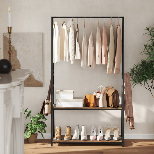 Appendiabiti autoportante con struttura in metallo resistente da letto, Appendiabiti autoportante con 2 ripiani Nero + Marrone-Appendiabiti