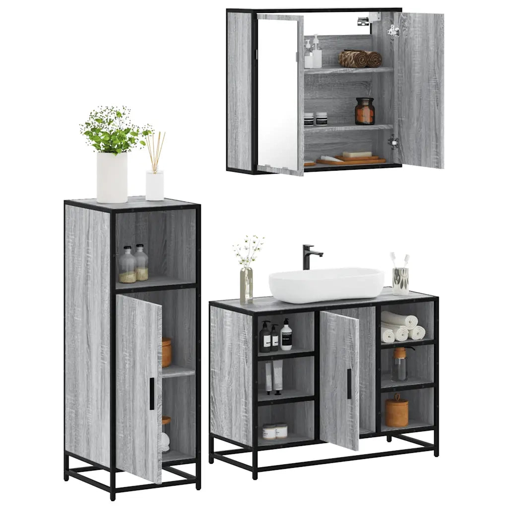 Set Mobili da Bagno 3 pz Grigio Sonoma in Legno Multistrato