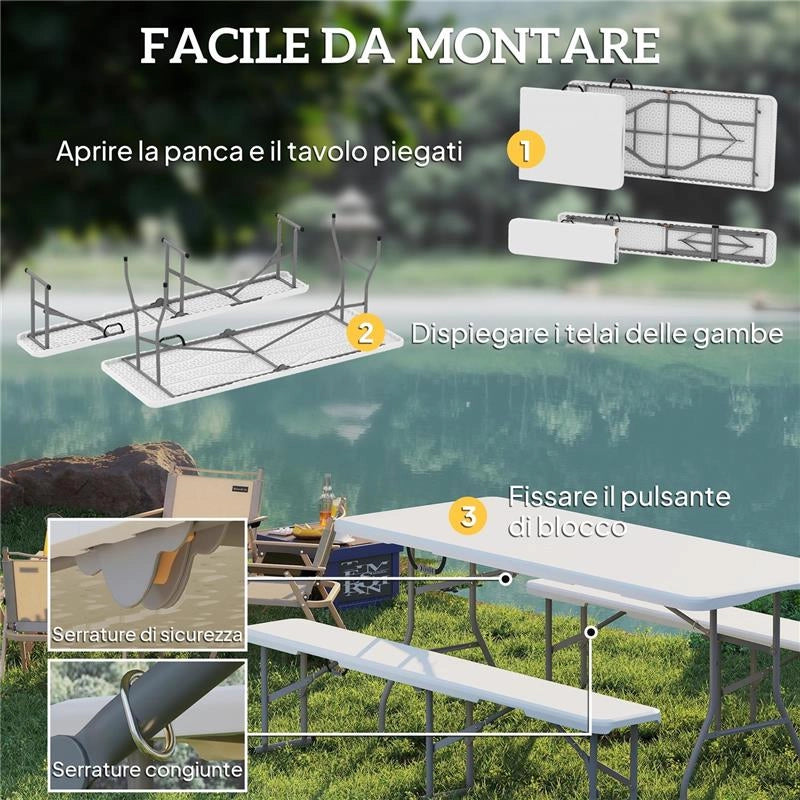 SET DA PIC NIC PIEGHEVOLE A 3 PEZZI CON TAVOLO E 2 PANCHE IN HDPE E METALLO, BIANCO E GRIGIO CHIARO