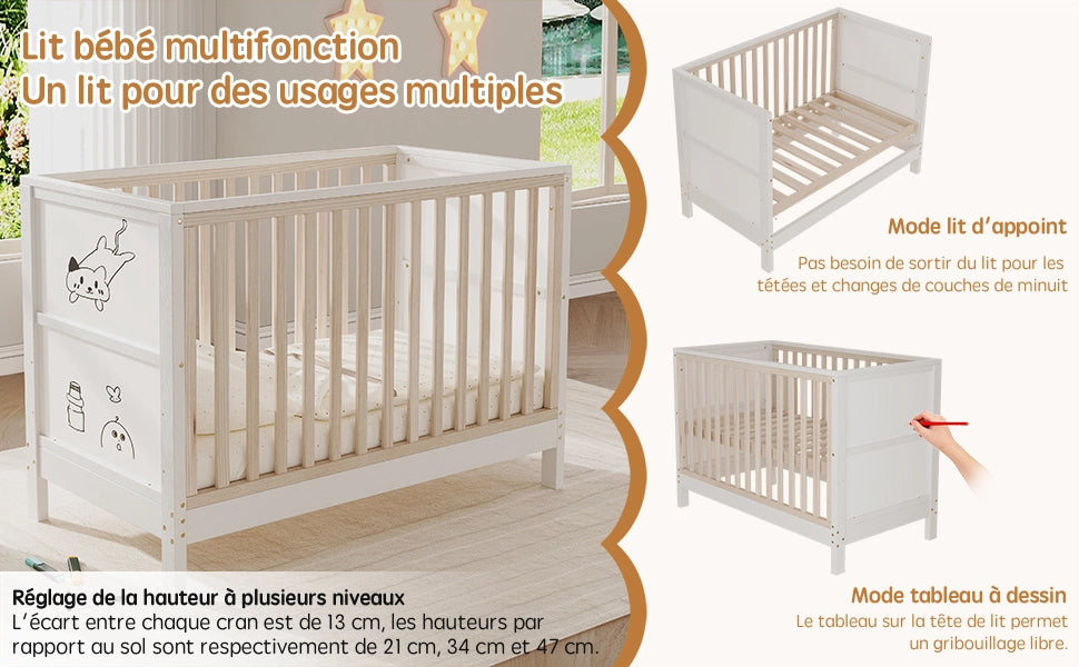 Lettino per bebè convertibile 3 in 1 con lavagne dipingibili, altezza regolabile, 120x60 cm, legno massello