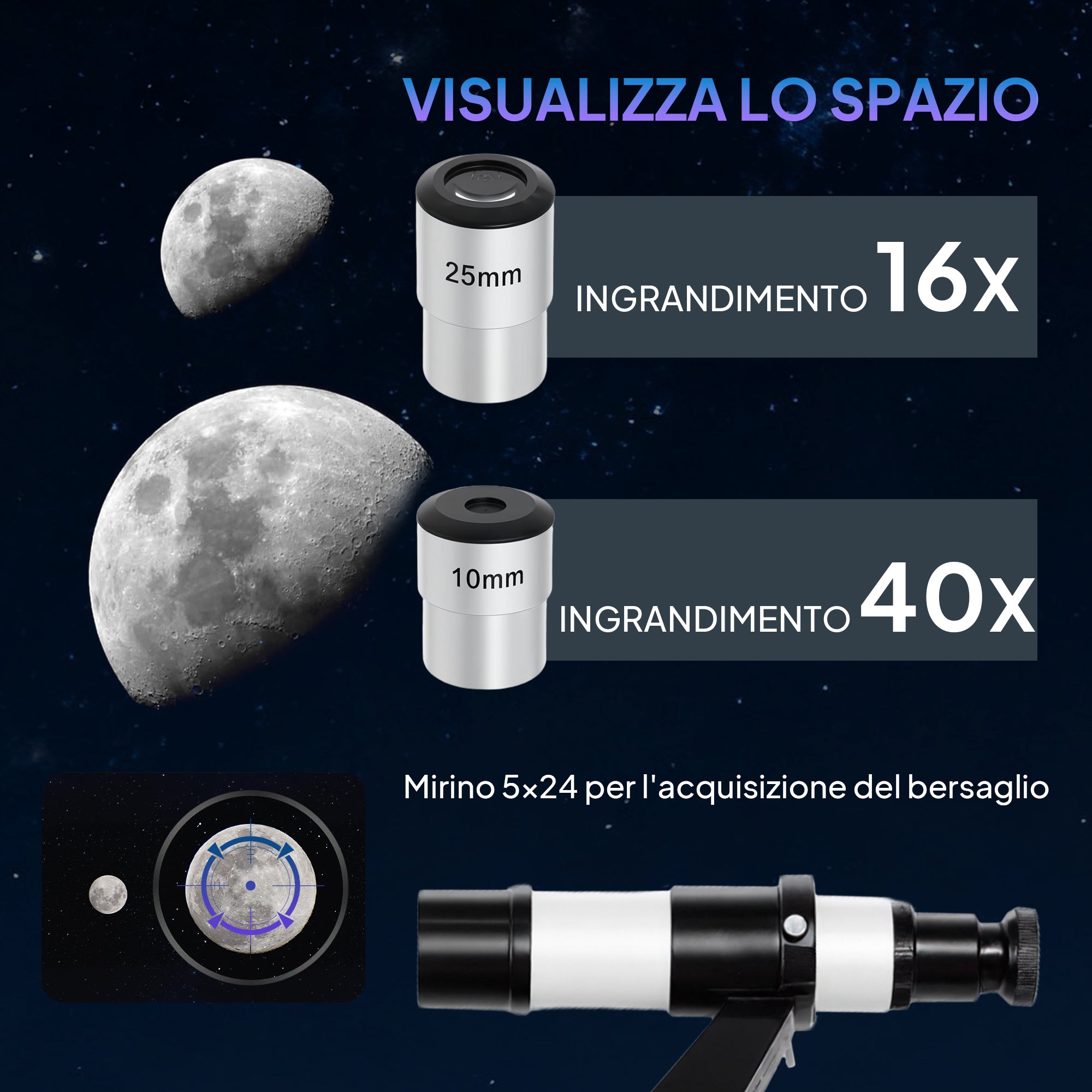 Telescopio Astronomico 80mm con Montatura AZ, 2 Lenti Oculari e Adattatore Smartphone, 92x92x130 cm, Bianco e Nero