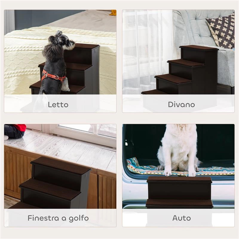 SCALETTA PER CANI E GATTI A 4 SCALINI CON CUSCINI IN PELUCHE RIMOVIBILI, 40X59X54.2 CM, MARRONE