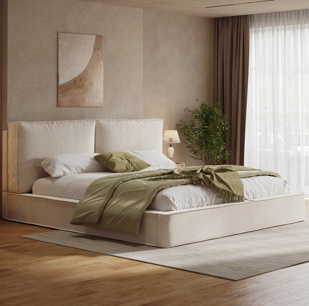 Letto matrimoniale 180x200 cm in ciniglia beige con rete