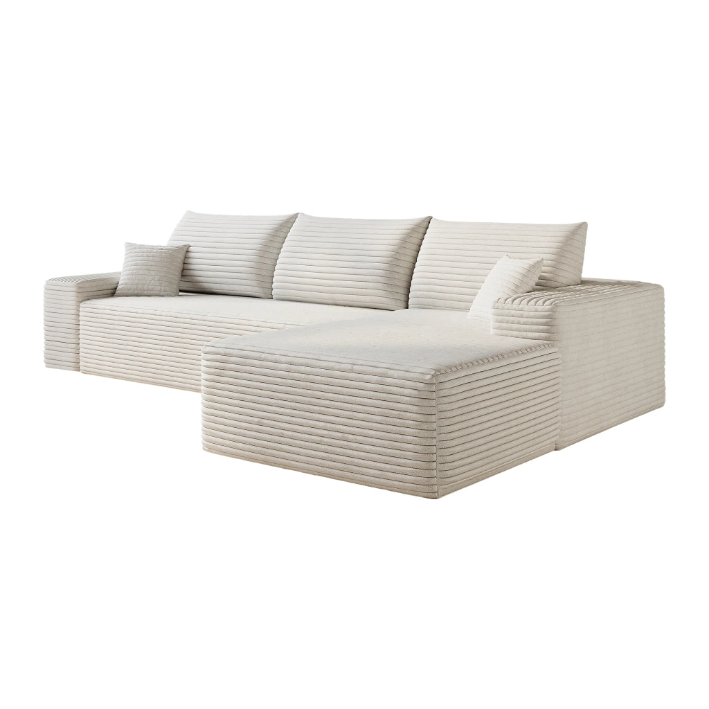 Divano modulare angolare con chaise longue e seduta profonda in tessuto a coste bianco
