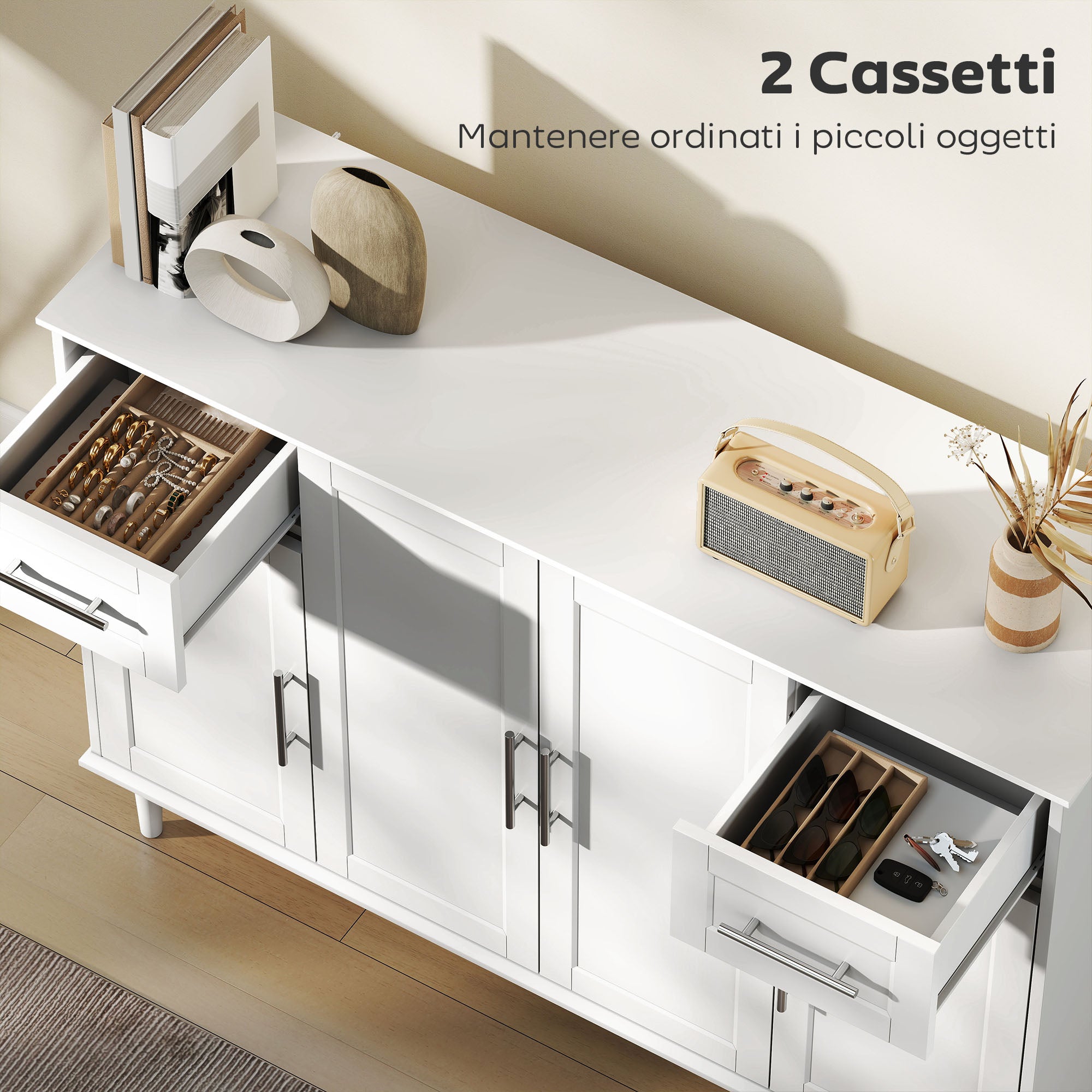 Credenza Buffet Elegante 120x38x86 cm con 2 Cassetti e 3 Armadietti in Legno Bianco