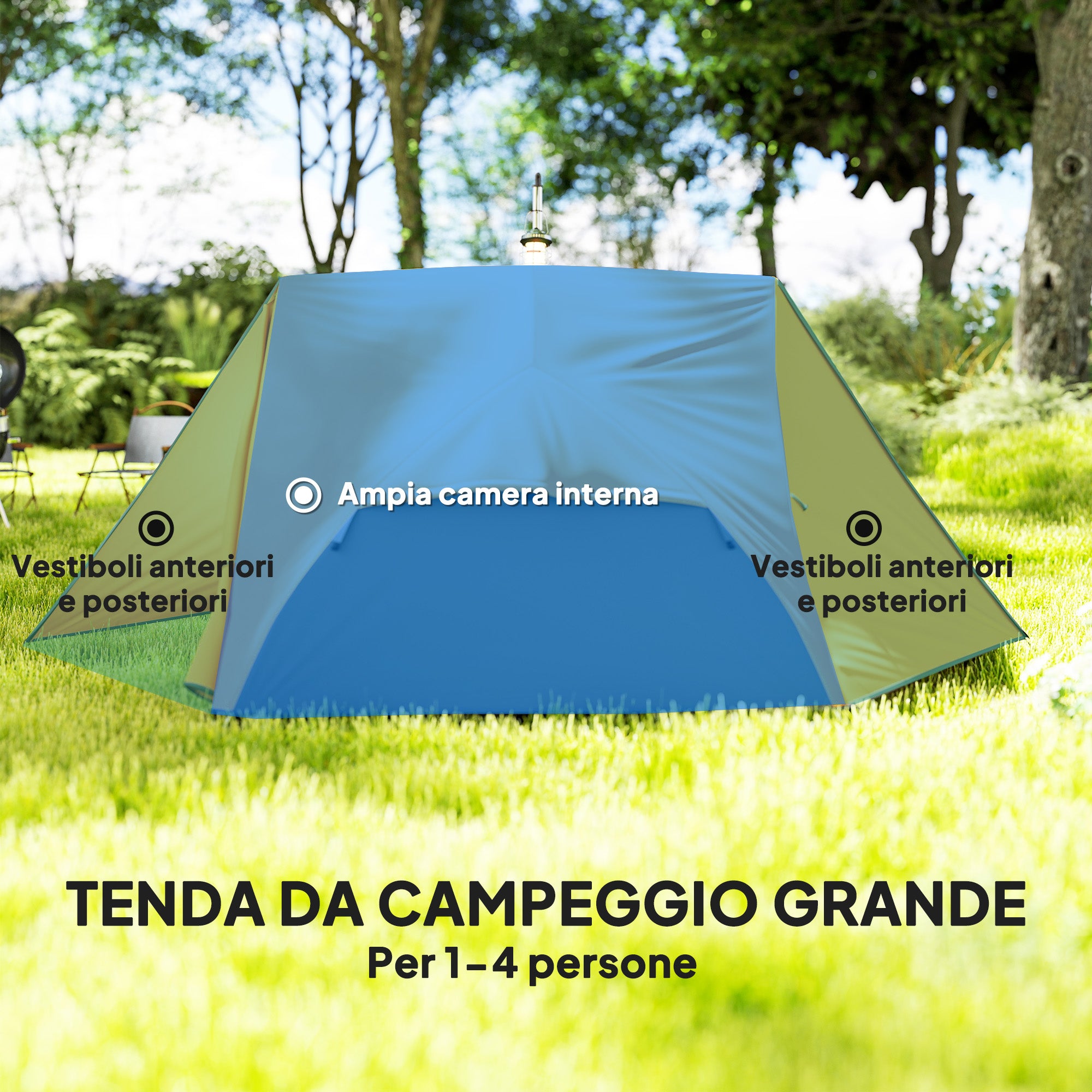 Tenda da Campeggio 2 Posti Impermeabile 280x225x110 cm con 2 Vestiboli e 2 Porte Arancione