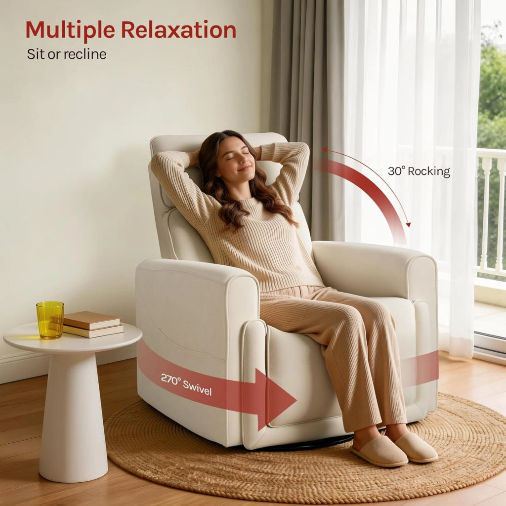 Poltrona Reclinabile Massaggiante con Funzione Riscaldamento, Sedia Ergonomica, Girevole e Oscillante, con Poggiatesta, Tasche Laterali e Porta USB, per Soggiorno, Camera da Letto, Beige
