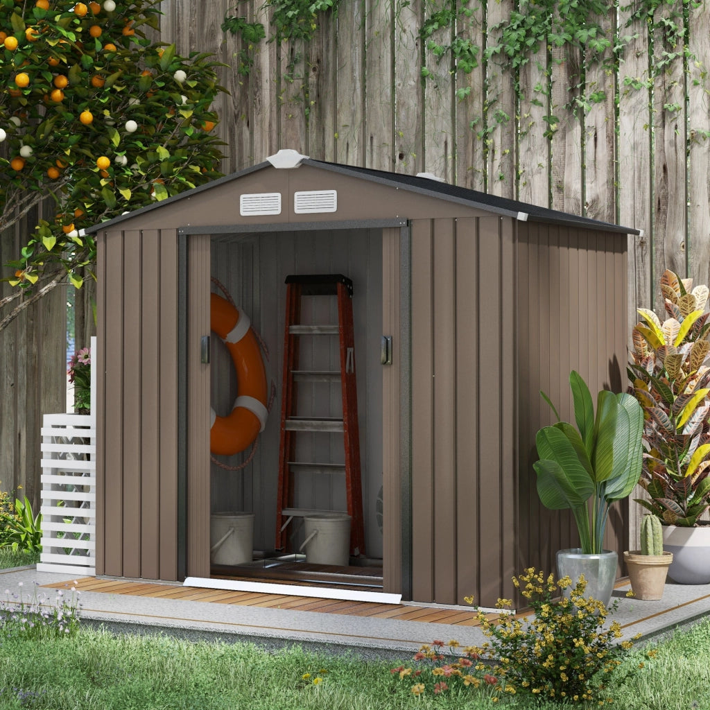 Casetta Box Da Giardino 2,1x1,3m con Prese d'Aria e Doppia Porta Scorrevole in Metallo Marrone