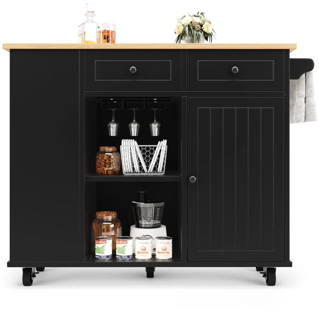 Isola cucina con ripiani estraibili - Zephmum - Piano di lavoro, porta snack, porta bicchieri, finitura in legno, nero