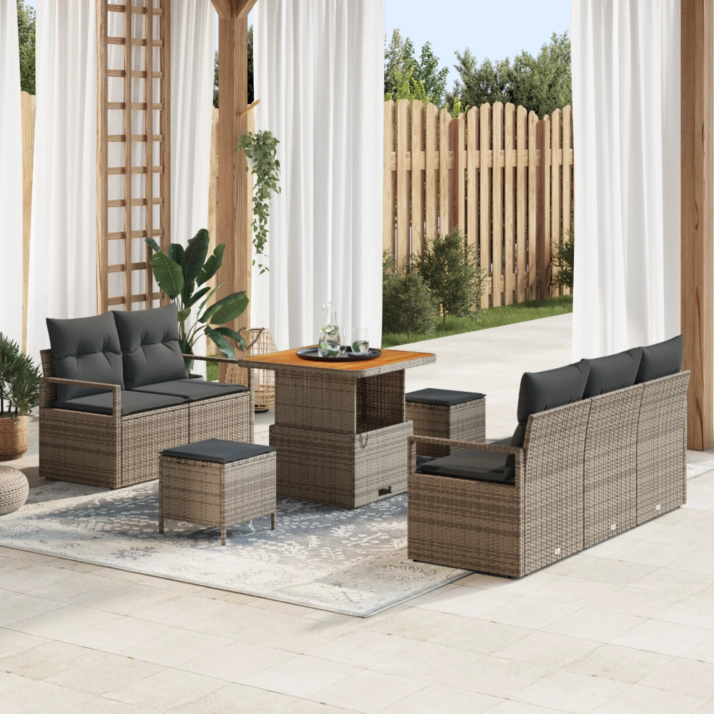 Set Divano da Giardino 8 Pezzi con Cuscini Grigio Polyrattan Acacia