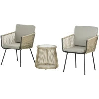 Set da Esterno con Tavolino in Vetro e 2 Sedie da Giardino in Rattan Stile Boho, Caffè