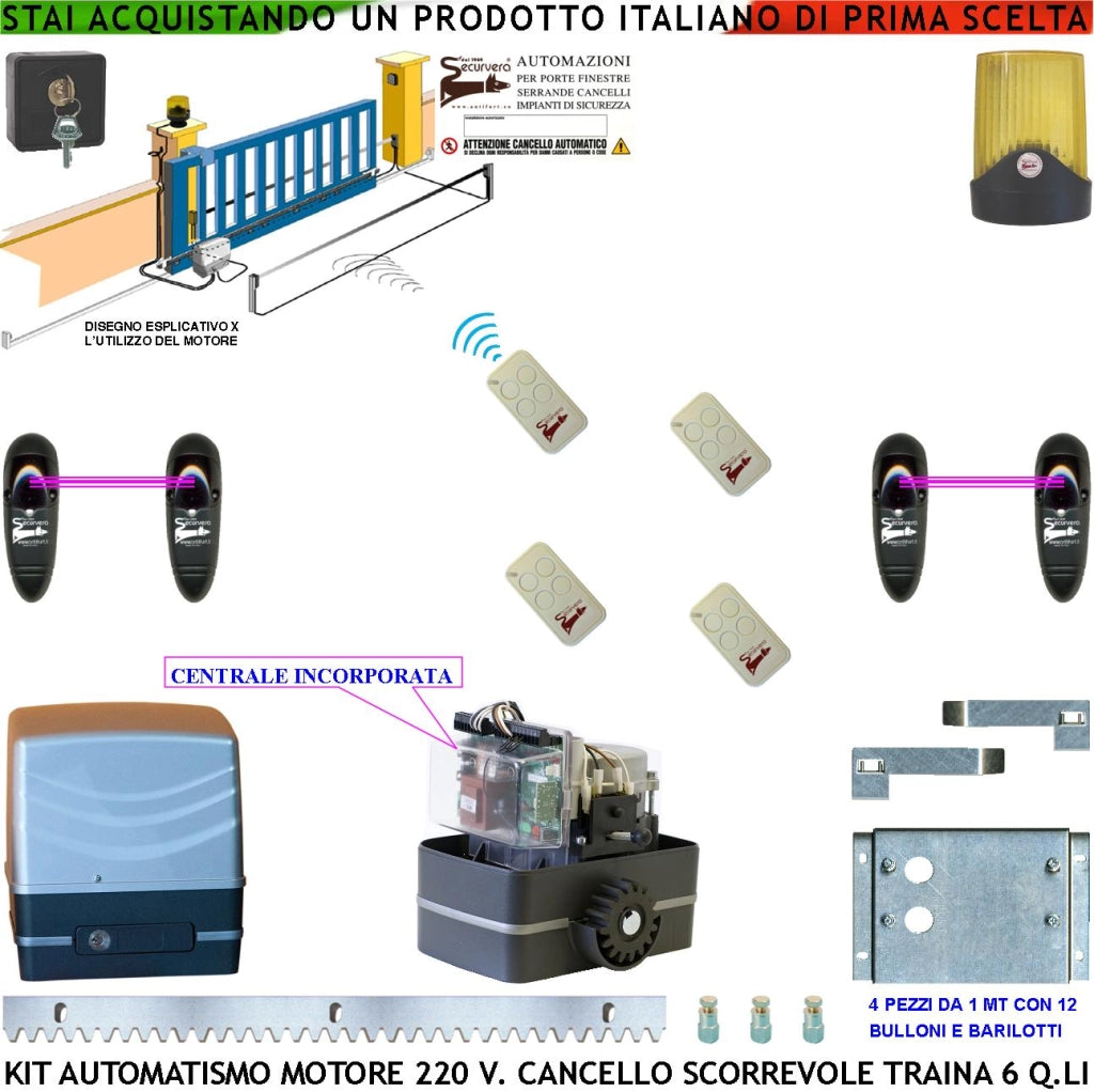 KIT AUTOMATISMO CANCELLO SCORREVOLE DA 4 MT MOTORE 220 V CON CENTRALE TRAINA 6 Q.LI 4 RADIOCOMANDI FARO ANTENNA SELETTORE 2 FOTOCELLULE