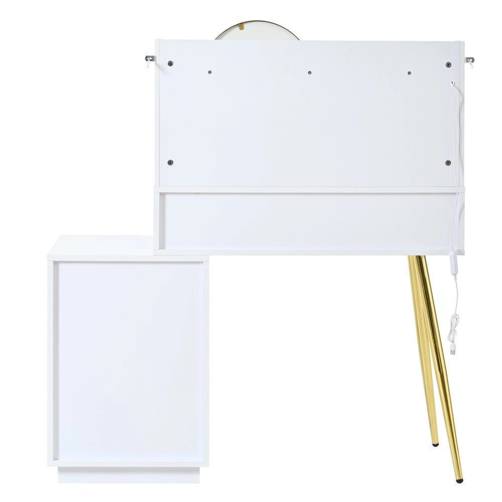 Tavolo Trucco con Specchio LED Girevole e Ante Scorrevoli in Vetro ¨C Xylo ¨C Bianco, 4 Cassetti, 112x40x116 cm
