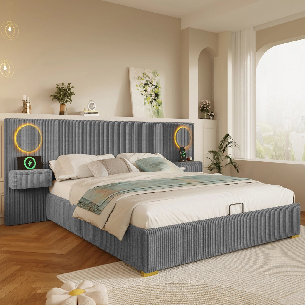 Letto Contenitore 180x200 cm con USB; LED e sollevamento idraulico; in Velluto; Grigio