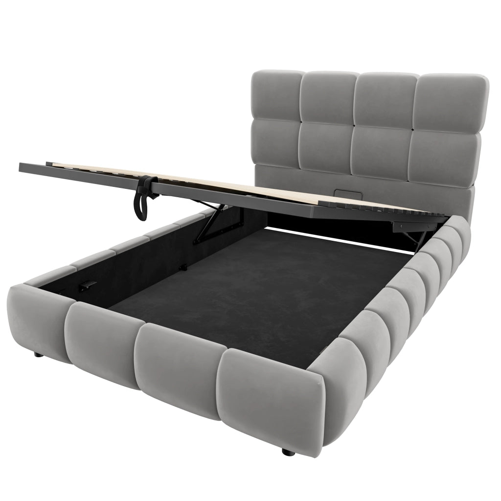 Letto imbottito 90x200 cm con contenitore e LED in velluto grigio