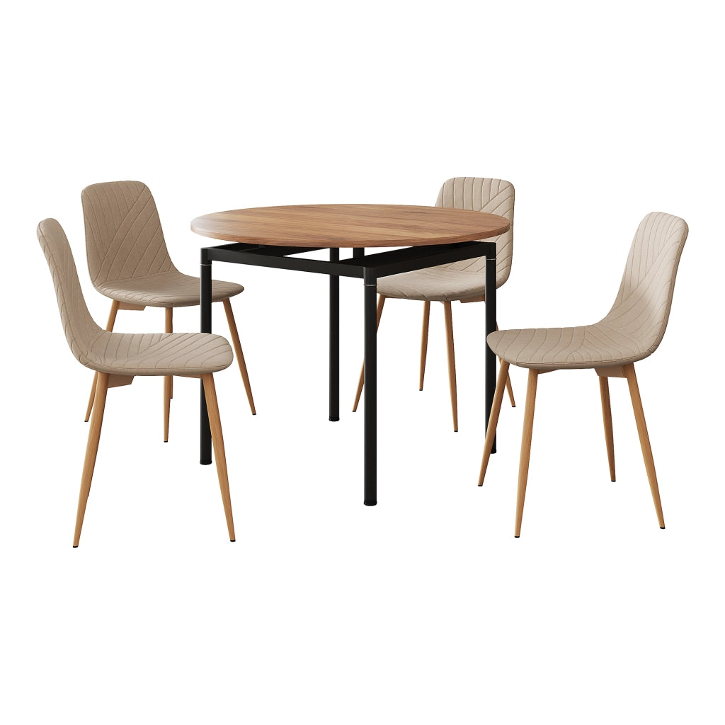 Set da Pranzo Hemnes Tavolo Rotondo Ø100 cm e 4 Sedie Tessuto Marrone Chiaro [en.casa]