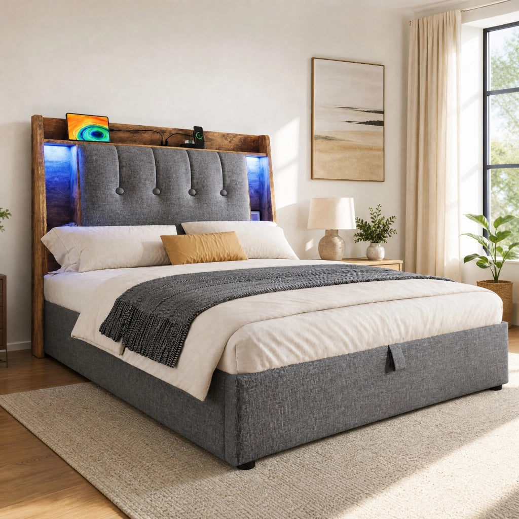 Letto imbottito 90x200 cm grigio con LED, USB-C e vano contenitore