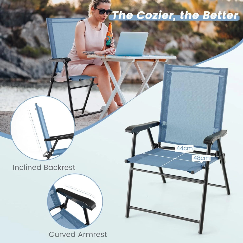Set di 2 sedie da giardino pieghevoli, pieghevoli, con schienale alto e bracciolo, resistenti alle intemperie, in metallo e tessuto, portata fino a 150 kg (azzurro)