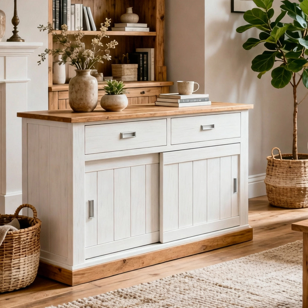Mobile Soggiorno Madia Con 2 Cassetti 2 Ante Scorrevoli E 4 Ripiani Interni Credenza Design Minimal Shabby Chic Per Sala Da Pranzo Zona Living 150 X 50 X 95.5 Cm Bianco E Rovere