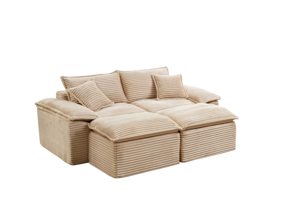 Divano a 2 posti in tessuto a coste con pouf, schiuma ad alta resilienza e molle, beige 206 × 158 × 66 cm