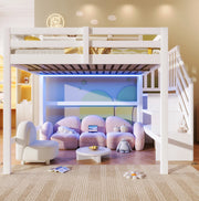 Letto a soppalco ULEVR 140x200 cm con LED, scala con contenitore e vani aperti, bianco