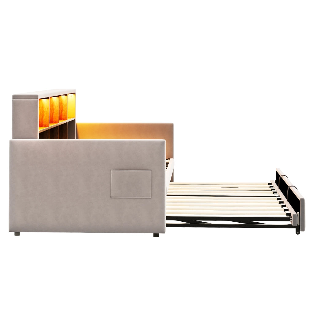 DESMIU Letto estraibile 90 × 190 cm 2 posti con LED, prese USB e Type-C, vano contenitore, senza materasso, in velluto, grigio chiaro