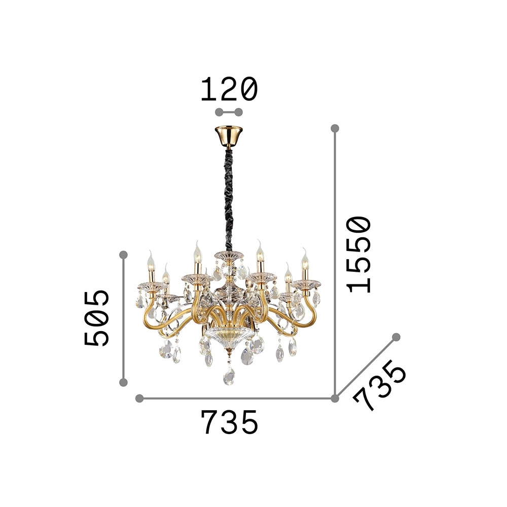 Lampadario Classico Negresco Metallo-Cristallo Oro 8 Luci E14