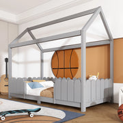 DESMIU Letto a casetta letto singolo 1 posto con barriera di sicurezza, 90 × 200 cm, senza materasso, grigio