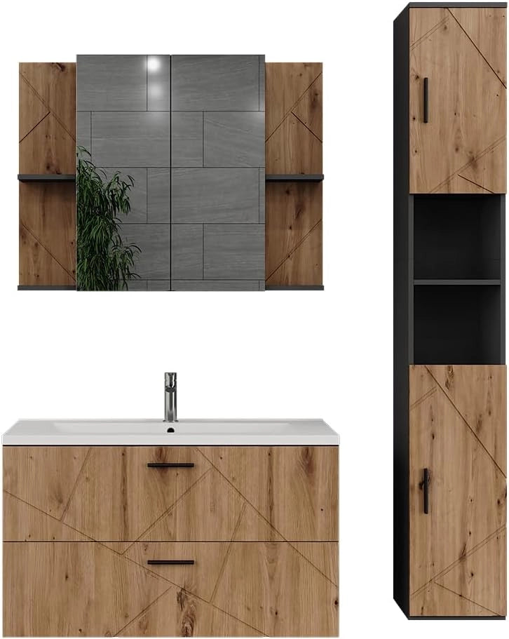 Set di mobili da bagno Irma, Bianco/bianco lucido, 100 cm, composto da mobile sottolavabo con lavabo, armadio alto e specchio da bagno
