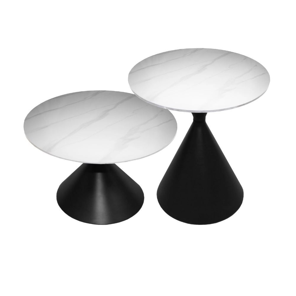 Set 2 tavolini da salotto rotondi Punto con piano effetto marmo bianco e gambe in metallo nero