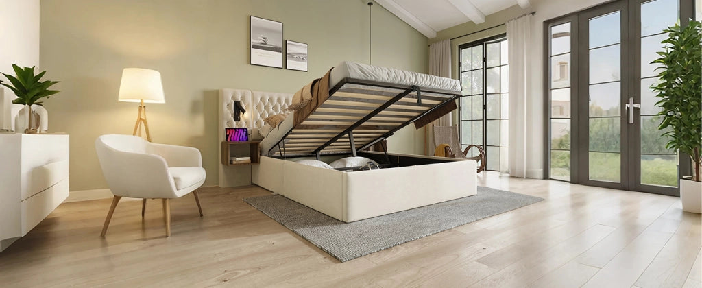Letto contenitore matrimoniale 180 × 200 cm con 2 comodini, usb, usb-c e lampade da lettura, senza materasso