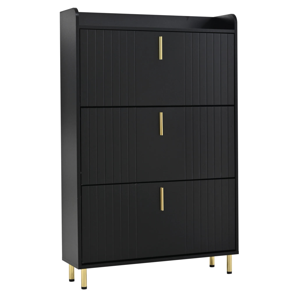 Armadio portascarpe a 3 ante ribaltabili 80x23x123;5 cm in MDF nero con dettagli dorati