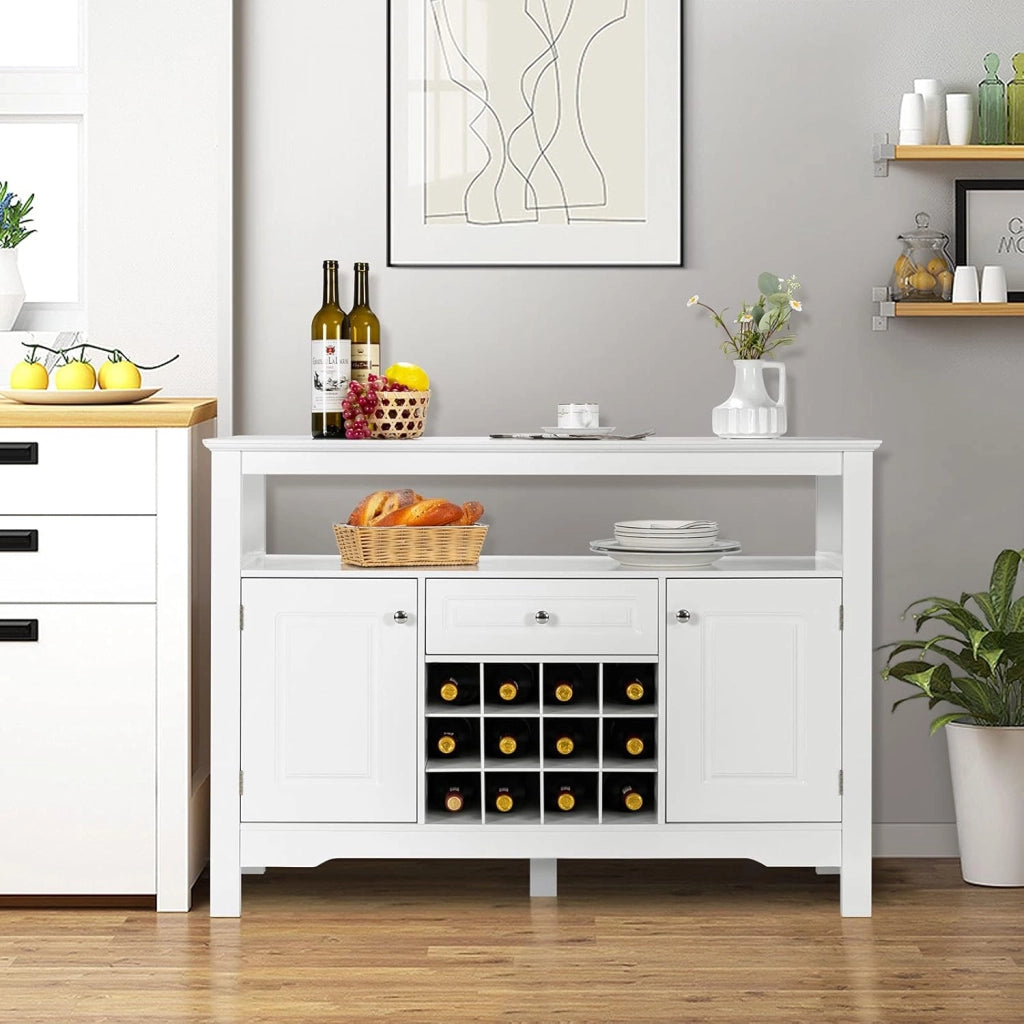 Tavolo Portabottiglie, 2 Ripiani, 12 Bottiglie, Cantinetta con 1 Cassetto e 2 Ante, Portabottiglie per Conservare ed Esporre il Vino, 116x40x82cm, 3 Colori (bianco)