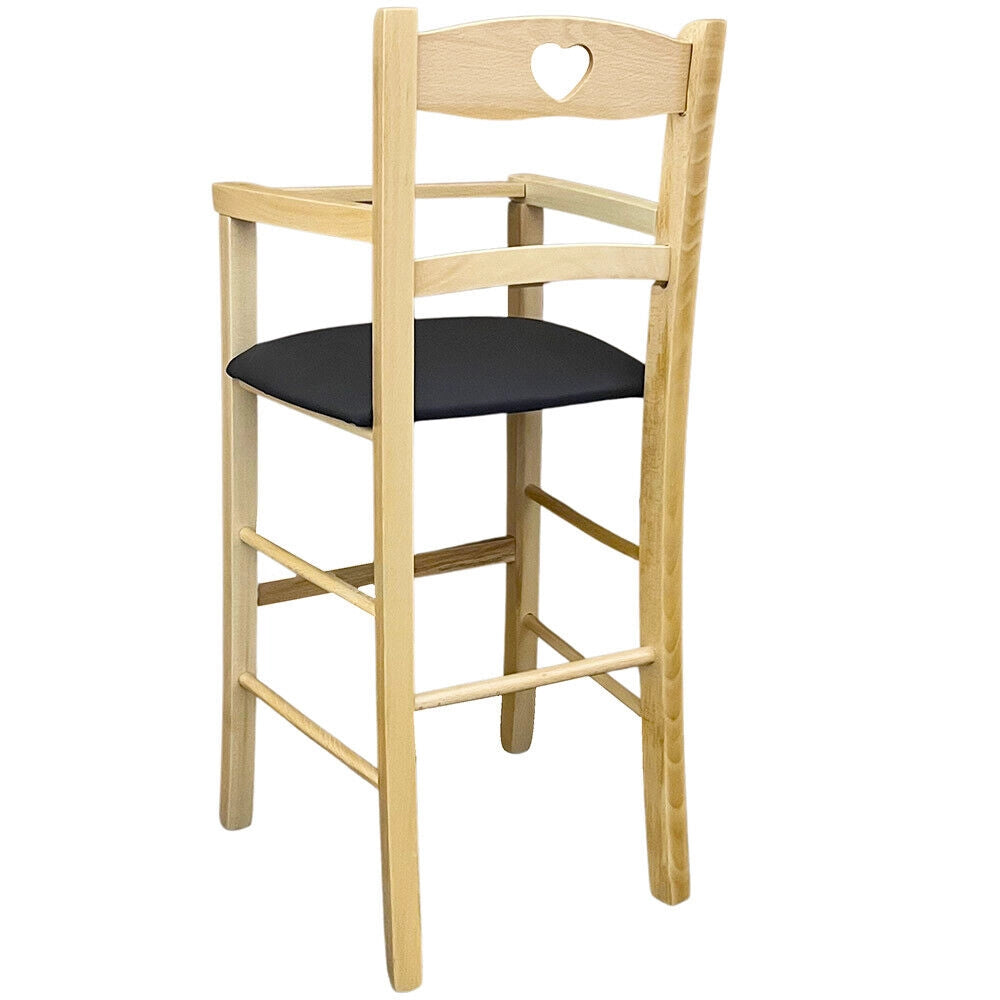 Seggiolone in legno color naturale con seduta imbottita in similpelle marrone